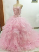 Superior Baby Pink Sweetheart Neckline Beading and Ruffles Quince Ball Gowns Sleeveless Lace Up