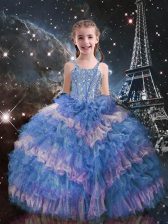  Straps Sleeveless Organza Little Girls Pageant Dress Beading and Ruffled Layers Lace Up