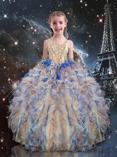  Organza Straps Sleeveless Lace Up Beading and Ruffles Little Girls Pageant Gowns in Multi-color