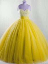 Fantastic Yellow Ball Gowns Tulle Strapless Sleeveless Beading Floor Length Lace Up Quinceanera Dresses