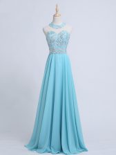 Fashionable Aqua Blue Zipper Halter Top Beading Dress for Prom Chiffon Sleeveless