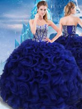  Floor Length Royal Blue Sweet 16 Dress Fabric With Rolling Flowers Sleeveless Beading