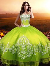 Custom Design Yellow Green Taffeta Lace Up 15th Birthday Dress Sleeveless Floor Length Beading and Appliques