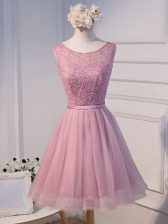 Chic Pink Scoop Neckline Beading and Belt Prom Party Dress Sleeveless Lace Up