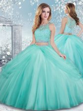 Wonderful Ball Gowns Quinceanera Gown Aqua Blue Scoop Tulle Sleeveless Floor Length Clasp Handle