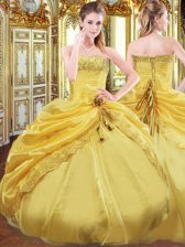 Dramatic Ball Gowns Quinceanera Gowns Gold Strapless Taffeta Sleeveless Floor Length Lace Up