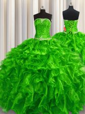 Fine Green Ball Gowns Strapless Sleeveless Organza Floor Length Lace Up Beading and Ruffles Sweet 16 Dresses