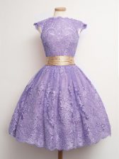 Colorful Lavender Cap Sleeves Knee Length Belt Lace Up Dama Dress for Quinceanera
