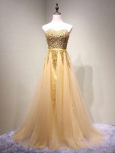 Hot Selling Champagne Empire Beading Prom Dress Lace Up Tulle Sleeveless Floor Length