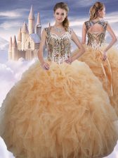  Champagne Ball Gowns Sweetheart Sleeveless Organza Floor Length Lace Up Beading and Ruffles 15th Birthday Dress