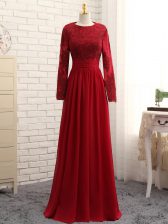  Wine Red Empire Chiffon Scoop Long Sleeves Lace and Appliques Floor Length Zipper Prom Dresses