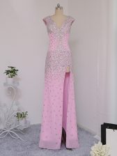 Customized Lilac Chiffon Backless V-neck Short Sleeves Floor Length Prom Dresses Beading