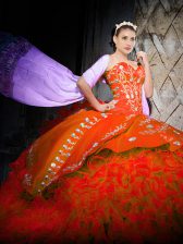  Orange Red Organza Lace Up Quince Ball Gowns Sleeveless Brush Train Embroidery and Ruffles