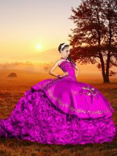  Sleeveless Organza Brush Train Lace Up Vestidos de Quinceanera in Fuchsia with Embroidery and Ruffles