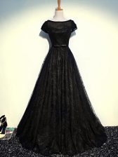  Black Zipper Evening Dress Beading and Lace and Belt Short Sleeves Floor Length