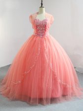 Hot Selling Floor Length Watermelon Red Vestidos de Quinceanera V-neck Sleeveless Lace Up