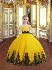  Gold Kids Pageant Dress Quinceanera and Wedding Party with Lace and Appliques Spaghetti Straps Sleeveless Zipper