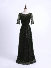  Floor Length Column/Sheath Half Sleeves Black Prom Gown Lace Up