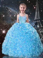 Hot Sale Aqua Blue Straps Neckline Beading and Ruffles Little Girl Pageant Gowns Sleeveless Lace Up