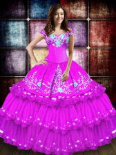 Free and Easy Taffeta Off The Shoulder Sleeveless Lace Up Embroidery and Ruffled Layers Ball Gown Prom Dress in Fuchsia
