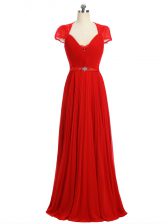  Floor Length Zipper Prom Evening Gown Red for Prom and Party and Military Ball with Beading and Ruching and Belt