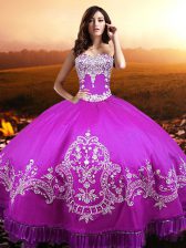  Fuchsia Ball Gowns Taffeta Sweetheart Sleeveless Beading and Appliques Floor Length Lace Up 15 Quinceanera Dress