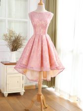 Fantastic Lace and Appliques Prom Dress Pink Backless Sleeveless High Low