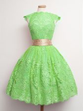  Knee Length Green Quinceanera Dama Dress High-neck Cap Sleeves Lace Up