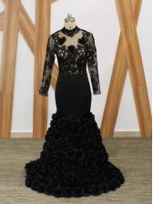  Black Long Sleeves Beading and Lace and Appliques and Hand Made Flower Backless Prom Dresses