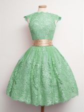 Latest Green Lace Lace Up High-neck Cap Sleeves Knee Length Dama Dress for Quinceanera Belt