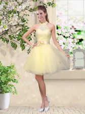 Suitable Light Yellow A-line Tulle Halter Top Sleeveless Lace and Belt Knee Length Lace Up Quinceanera Court Dresses