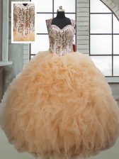 Low Price Champagne Sleeveless Floor Length Beading and Ruffles Lace Up Sweet 16 Quinceanera Dress