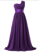 Sweet Purple Chiffon Lace Up One Shoulder Sleeveless Floor Length Damas Dress Ruching