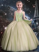 Amazing Sleeveless Floor Length Beading Lace Up Flower Girl Dresses for Less with Yellow Green