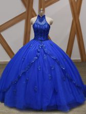  Royal Blue Lace Up Quince Ball Gowns Appliques Sleeveless Brush Train