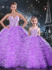  Lavender Sleeveless Tulle Lace Up 15 Quinceanera Dress for Military Ball and Sweet 16 and Quinceanera