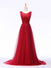 Flare Red Scoop Neckline Lace and Appliques Prom Evening Gown Sleeveless Lace Up
