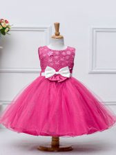Glorious Hot Pink Ball Gowns Scoop Sleeveless Tulle Knee Length Zipper Lace and Bowknot Flower Girl Dresses for Less