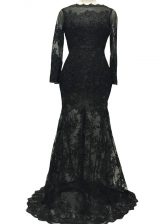 Eye-catching Black Lace Backless Bateau Long Sleeves Prom Party Dress Brush Train Lace and Belt