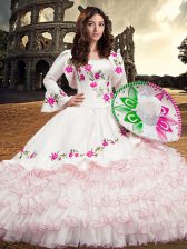 Fashion White Square Neckline Embroidery and Ruffled Layers Quince Ball Gowns Long Sleeves Lace Up
