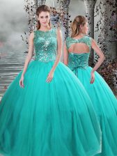 Elegant Floor Length Lace Up Sweet 16 Dress Turquoise for Military Ball and Sweet 16 and Quinceanera with Beading