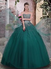  Dark Green Ball Gowns Strapless Sleeveless Tulle Floor Length Lace Up Beading Quinceanera Gown