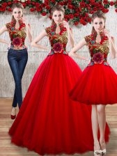 Lovely Red Vestidos de Quinceanera Military Ball and Sweet 16 and Quinceanera with Appliques High-neck Sleeveless Lace Up