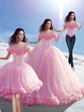 Glamorous Baby Pink Quinceanera Gowns Military Ball and Sweet 16 and Quinceanera with Hand Made Flower Off The Shoulder Sleeveless Brush Train Lace Up