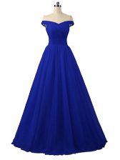  Royal Blue A-line Tulle Off The Shoulder Sleeveless Ruching Floor Length Lace Up Prom Evening Gown