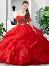 Custom Design Off The Shoulder Sleeveless 15 Quinceanera Dress Floor Length Lace and Ruffles Red Tulle