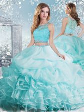  Two Pieces Quince Ball Gowns Aqua Blue Scoop Organza Sleeveless Floor Length Clasp Handle