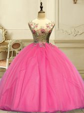  Rose Pink 15 Quinceanera Dress Military Ball and Sweet 16 and Quinceanera with Appliques Scoop Sleeveless Lace Up