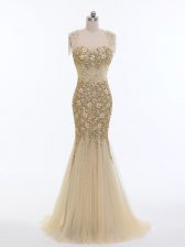  Champagne Prom Party Dress Prom and Military Ball and Sweet 16 with Beading Scoop Sleeveless Brush Train Zipper