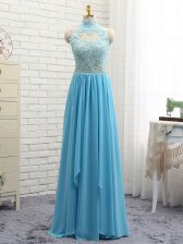 High Quality Sleeveless Chiffon Floor Length Backless Dress for Prom in Baby Blue with Lace